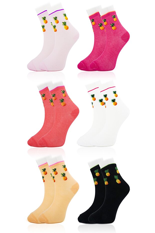 Pack of 6 Women's Pineapple Patterned Colorful Quality College Socks