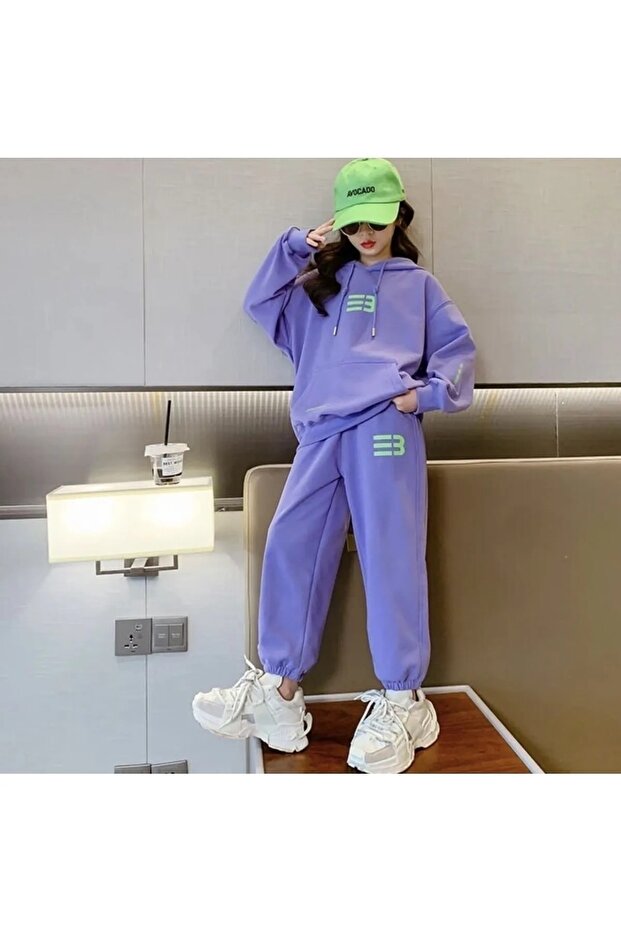 Girl's Lilac "B" Printed Oversize Combed Cotton Girl's Sweatshirt Tracksuit Set