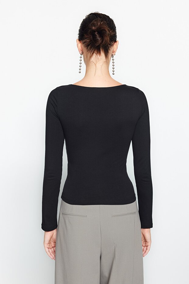 Siyah Pamuklu Esnek Kayık Yaka Fitted/Vücuda Oturan Esnek Örme Bluz TWOAW24BZ00166 - 5