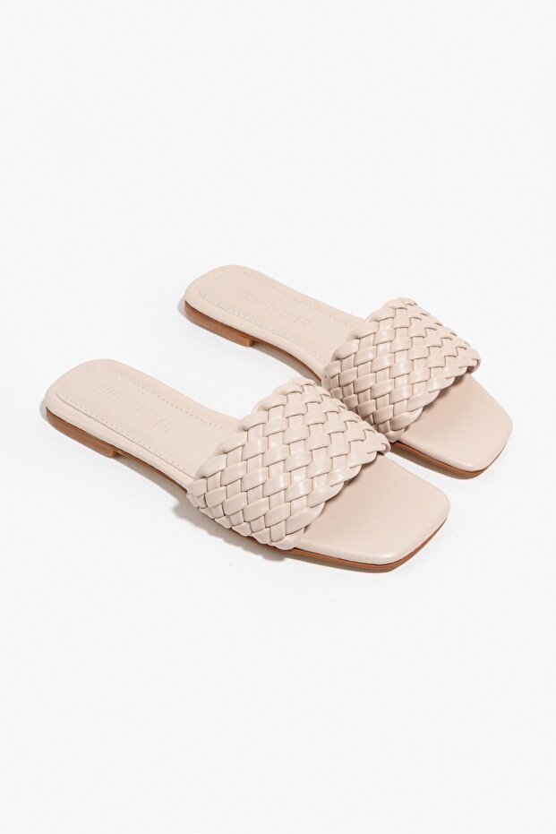 Jeffery bézs matt egycsíkos, lapos talpú női papucs - 1