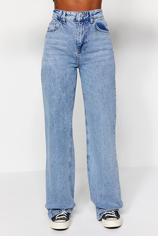 Açık Mavi Yüksek Bel Wide Leg Geniş Paça %100 Pamuk Non-Stretch Jeans TWOAW24JE00074 - 1