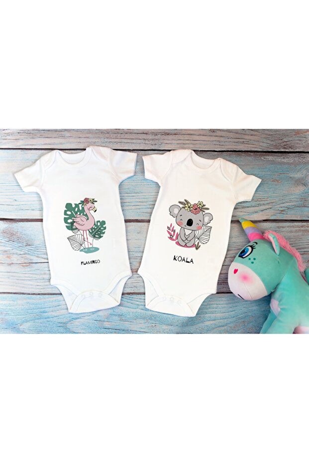 Special Design Licensed Cute Flamingo Koala Double Baby Bodysuit White 2-Piece Baby Bodysuit