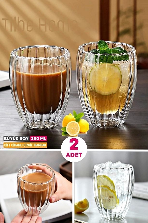 2'li Çift Cidarlı Burgulu Kristal Cam Bardağı Çay Süt Kahve Kupası Sıcak & Soğuk İçecek Bardak Seti - 1