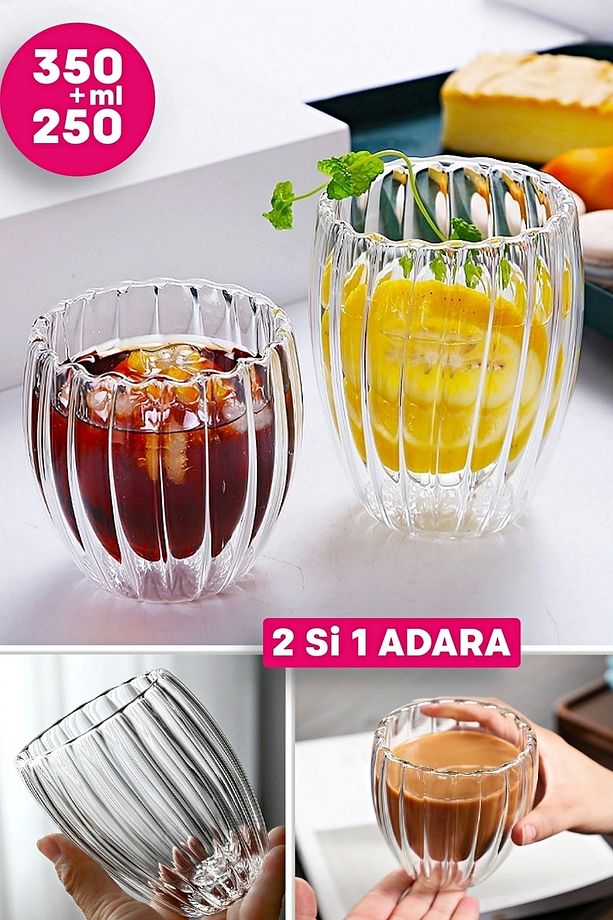 2'li Çift Cidarlı Burgulu Kristal Cam Bardağı Çay Süt Kahve Kupası Sıcak & Soğuk Retro Bardak Seti - 1