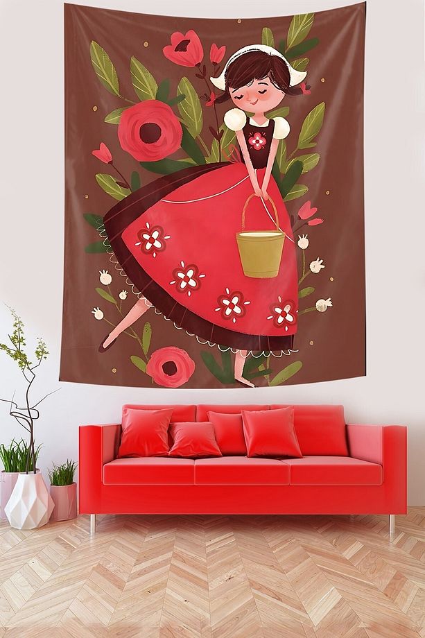 Çiçekler İçerisindeki Neşeli Kız Leke Tutmaz Kumaş Duvar Örtüsü Duvar Halısı Tapestry - 1
