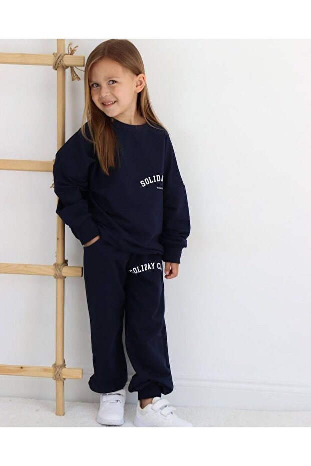 Unisex Soliday Club Printed Children's Tracksuit Set - 3 Thread Ribbed Set