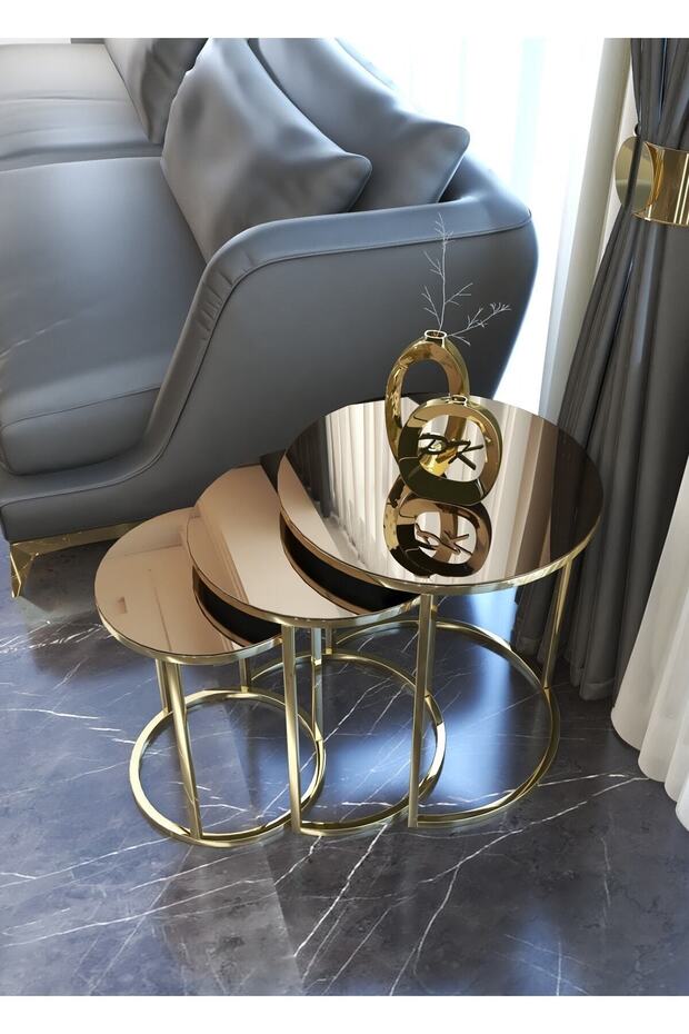 Ceylin 4lü Zigon Ve Orta Sehpa Seti Gold Renk Metal Ayak Bronz Ayna - 3
