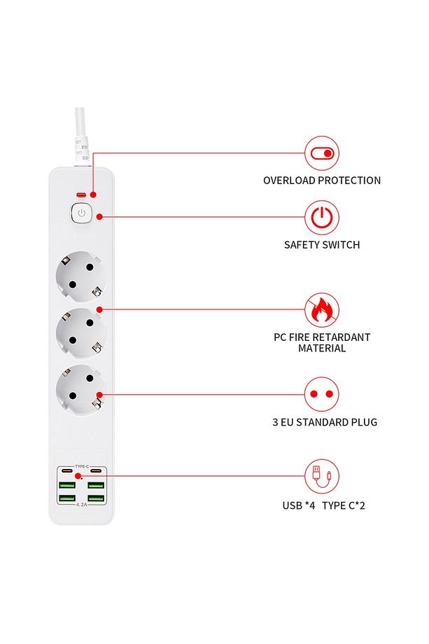 H-01 Hızlı Şarj İstasyonu 3000W 3 lü Priz 2 Metre Uzatma Kablosu Çoklu Priz 4 Usb 2 Type C On/Off - 6