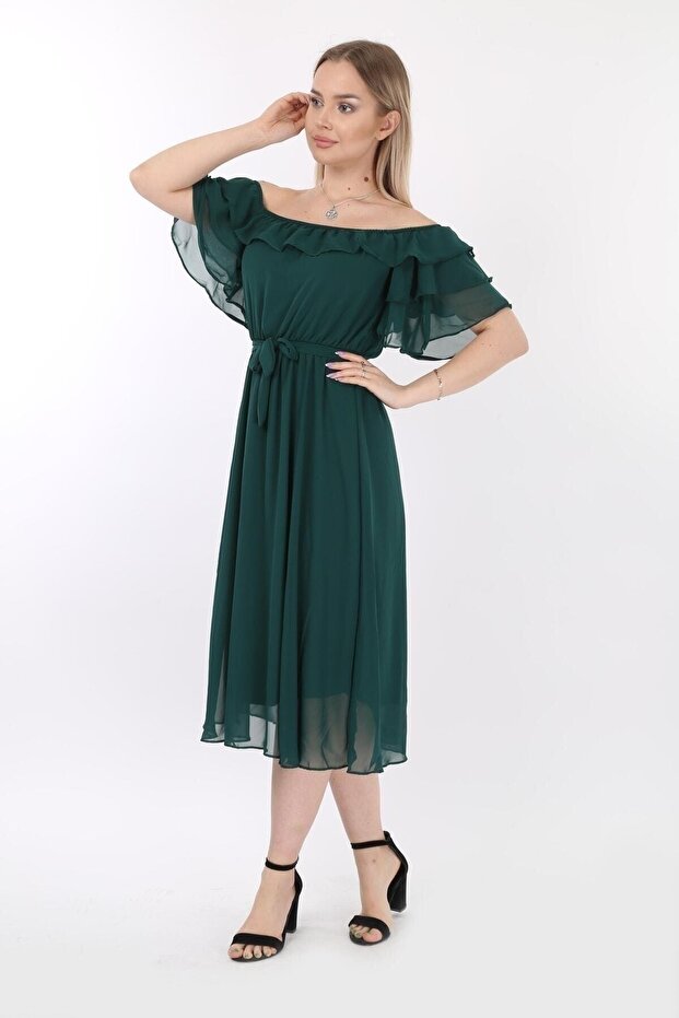 Women's Collar Flounced Belted Chiffon Emerald Green Shooting Dress