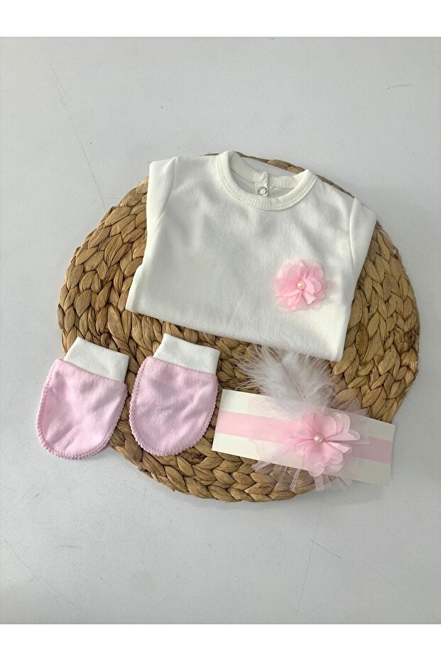 Newborn 0-3 Months Pink Floral Feather 3 Piece Snap-On Bodysuit Set (BOXED)