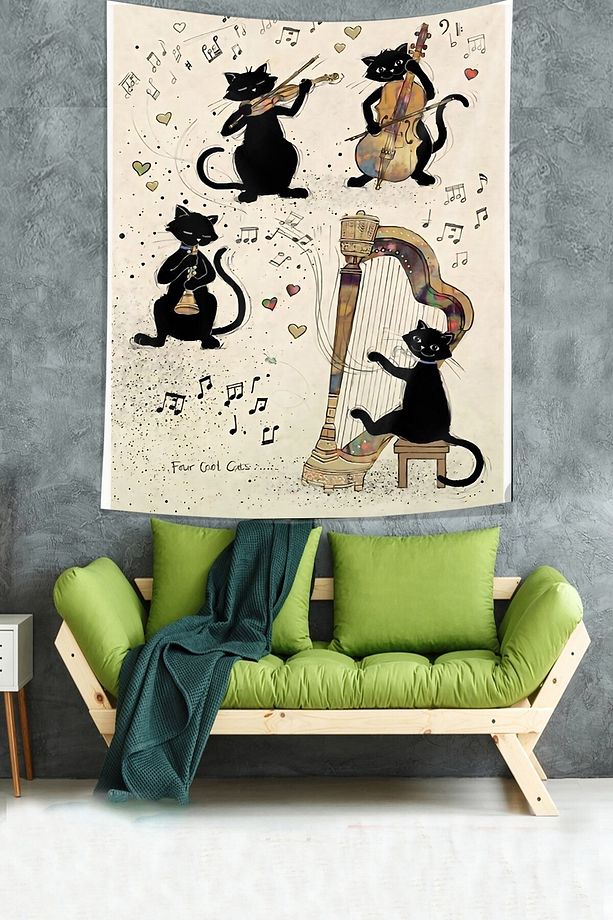 Müzisyen Kediler Notalar ve Kalpler Leke Tutmaz Kumaş Duvar Örtüsü Duvar Halısı Tapestry - 3
