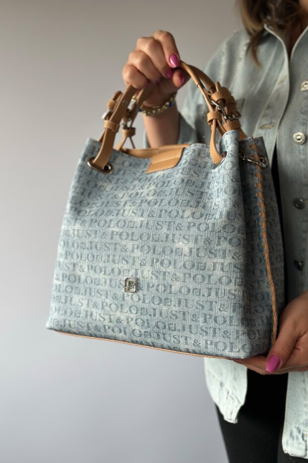 Large Size Knitted Detailed 4 Compartment Women's Shoulder Bag 4031-Gd Light Denim