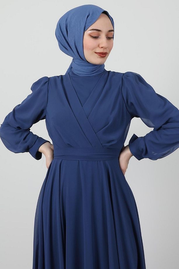 Önü Çapraz Şifon Elbise İndigo - 5