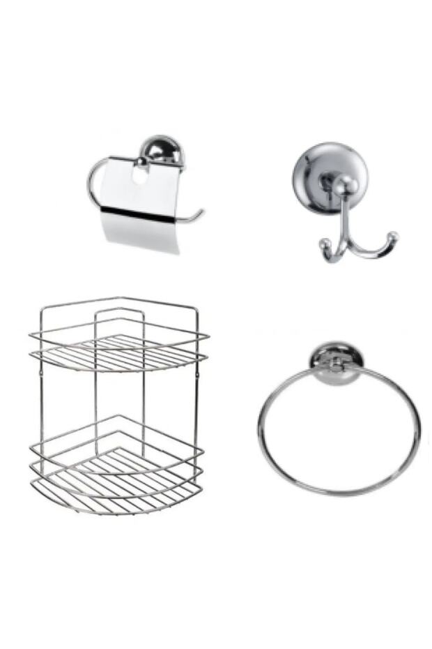 Chrome 4 Piece Bathroom Set (2 Tier Corner Rack-Robe Hook-Covered Toilet Paper Holder-Ring Towel Holder)