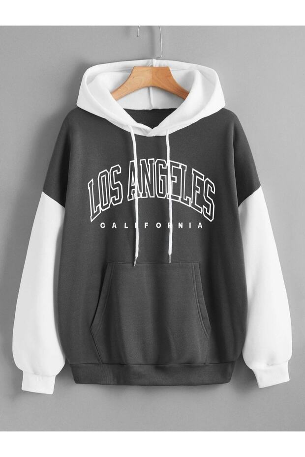 Large Size Piece Los Angeles Oversize 3 Thread Hooded Pocketed Anthracite-White Sweatshirt/Hoodie
