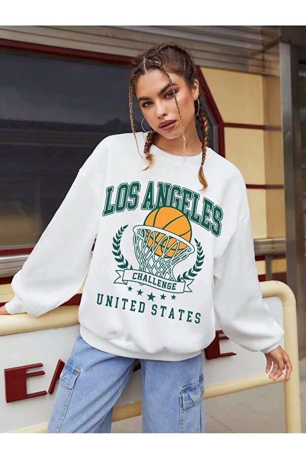 سويت شيرت أبيض كبير الحجم مطبوع برقبة دائرية للجنسين من Los Angeles Challenge