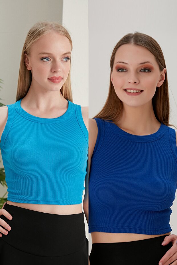 2-Piece Fitted Wide Piping Halter Neck Ribbed Flexible Knitted Crop Blouse Set