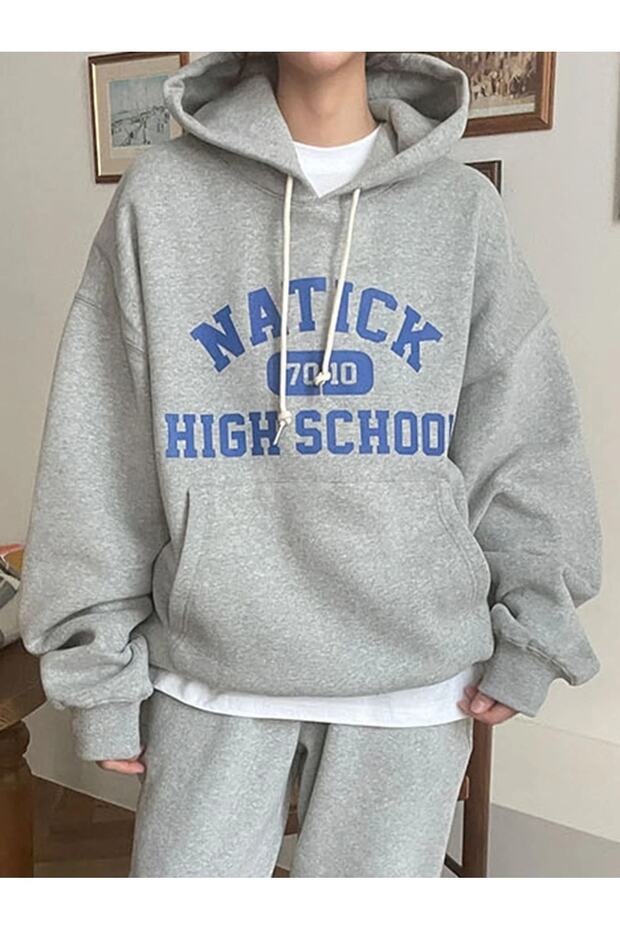 Natick High School Kombin Alt Üst Eşofman Takımı - Gri Baskılı Oversize Lastik Paça Kapüşonlu - 3