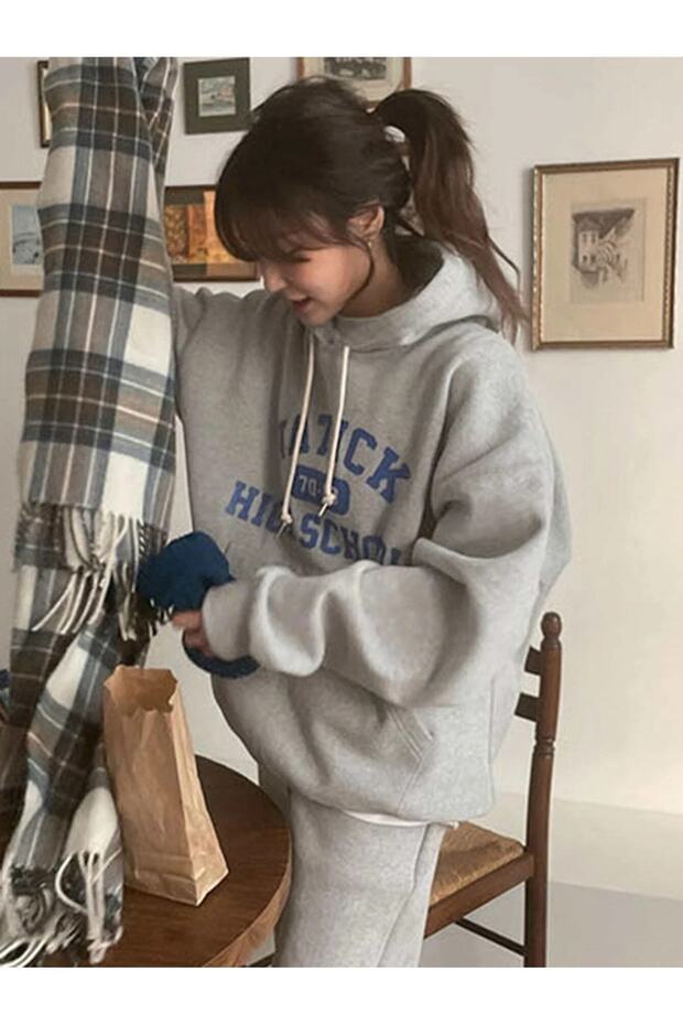 Natick High School Kombin Alt Üst Eşofman Takımı - Gri Baskılı Oversize Lastik Paça Kapüşonlu - 4