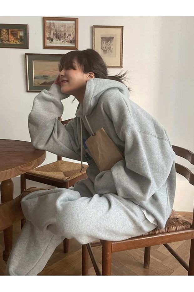 Natick High School Kombin Alt Üst Eşofman Takımı - Gri Baskılı Oversize Lastik Paça Kapüşonlu - 8