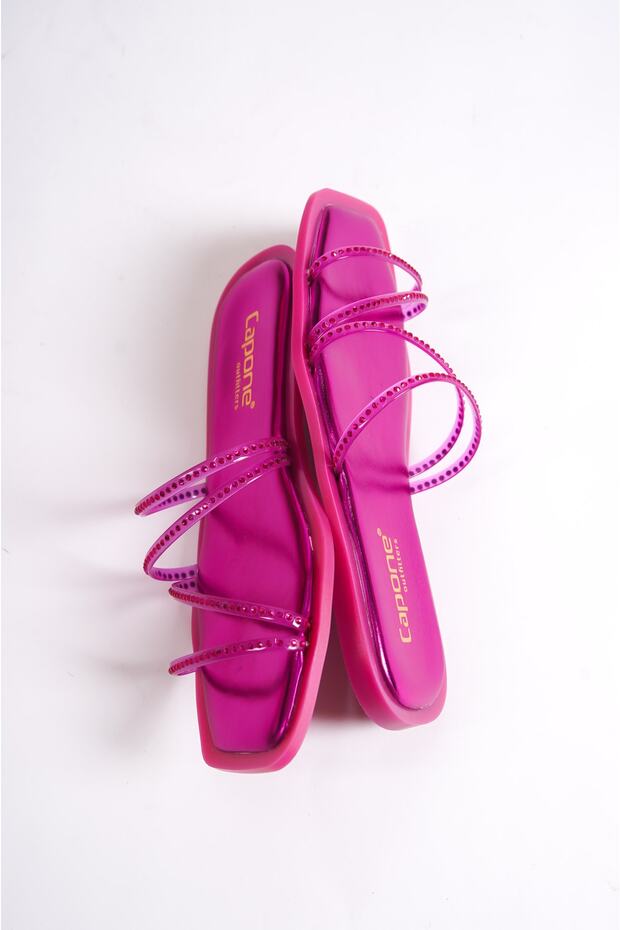 Capone Blunt Toe köves szalagos, lapos sarkú fukszia női papucs - 4