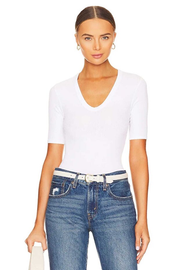 Women's White V-Neck Jersey Short Sleeve Blouse