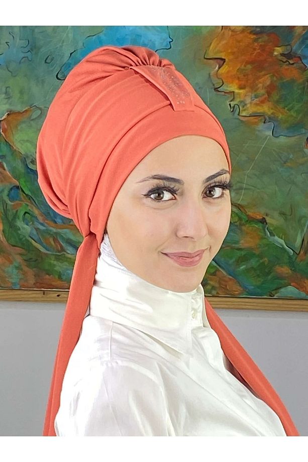 Hürrem Model Tek Biritli Atkılı Taşlı Turuncu Bone - 2