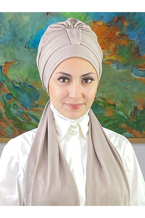 Hürrem Model Tek Biritli Atkılı Taşlı Taş Rengi Bone - 1