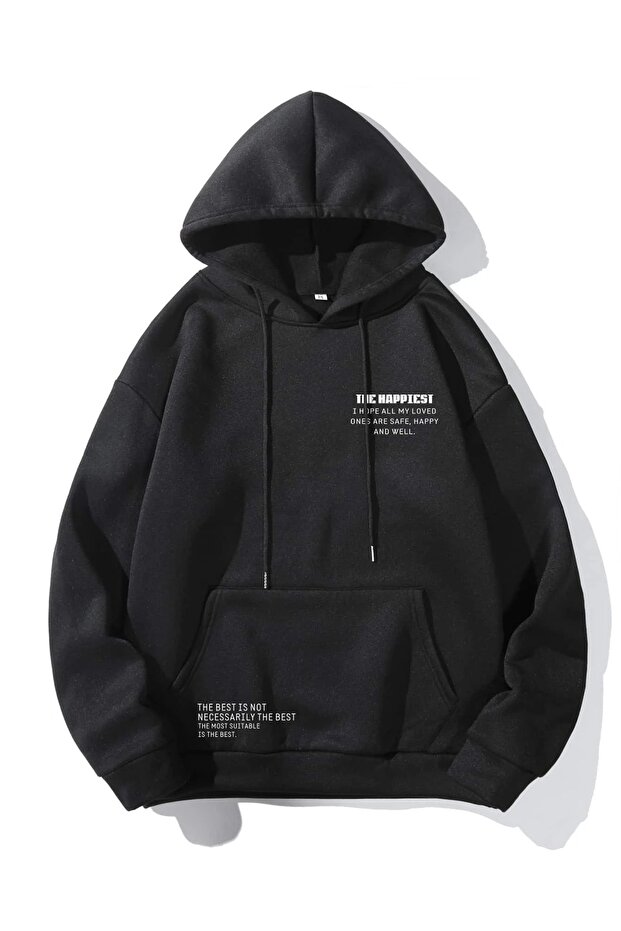 The Happiest Sweatshirt - Black Printed Oversize Ribbon Hoodie