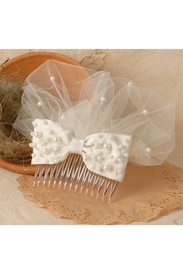 Off-White Pearl Tulle Satin Bow Wedding Buckle Wedding Hat Voilet Veil Bridal Comb