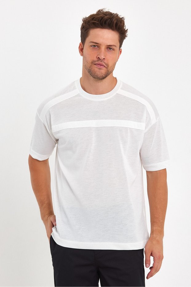 Textured Design Oversize Men's White T-Shirt