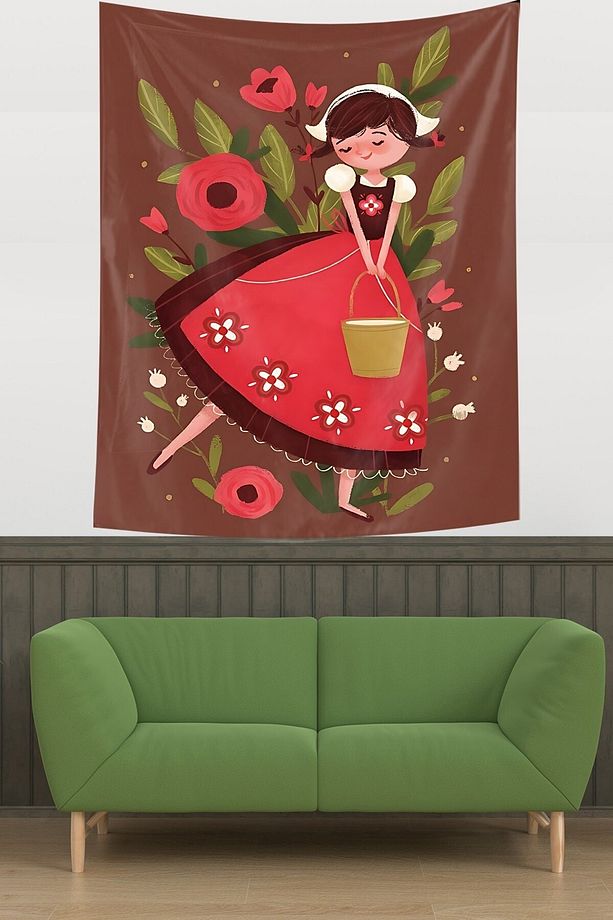 Çiçekler İçerisindeki Neşeli Kız Leke Tutmaz Kumaş Duvar Örtüsü Duvar Halısı Tapestry - 3
