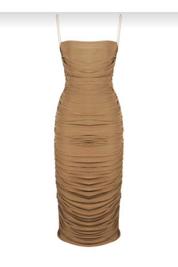 Women's Light Brown Draped Gathered Strap Silk Jersey Midi Dress