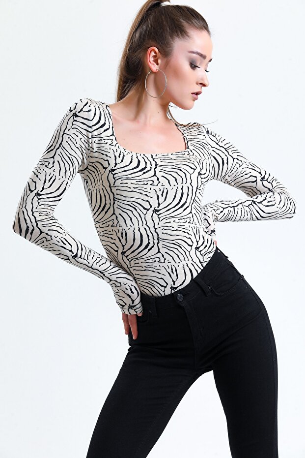women's square collar bone zebra patterned long sleeve blouse