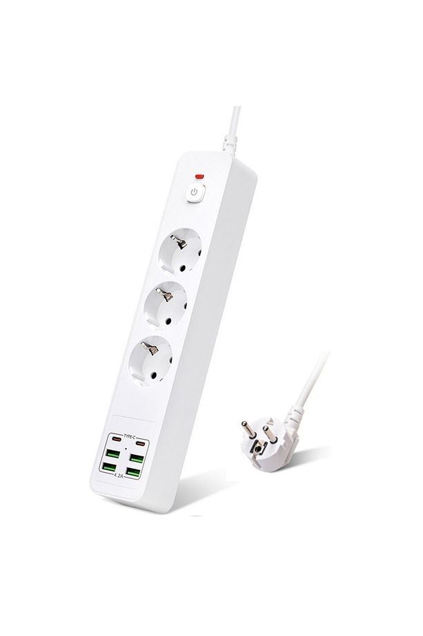 H-01 Hızlı Şarj İstasyonu 3000W 3 lü Priz 2 Metre Uzatma Kablosu Çoklu Priz 4 Usb 2 Type C On/Off - 1