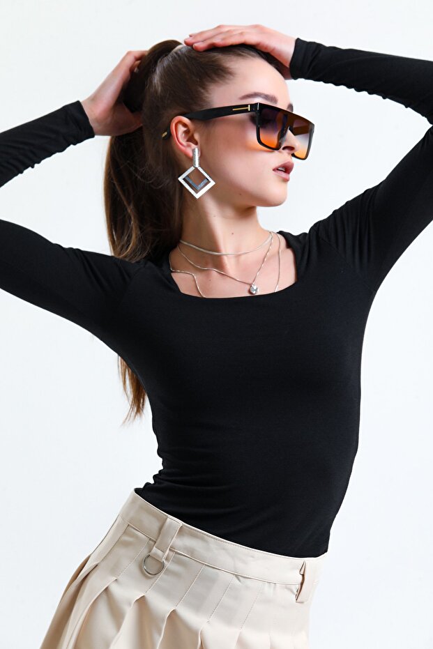 women's square neck black long sleeve blouse