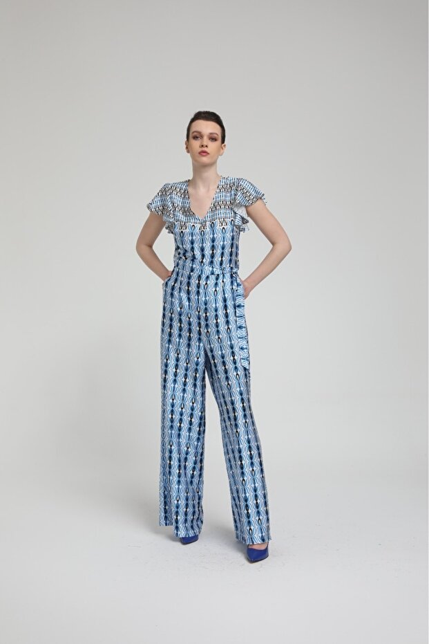 V-Neck Tie Waist Patterned Satin Jumpsuit