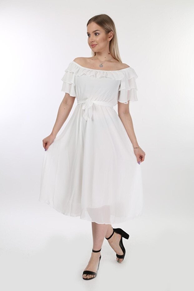 Women's Collar Flounced Chiffon White Shooting Dress