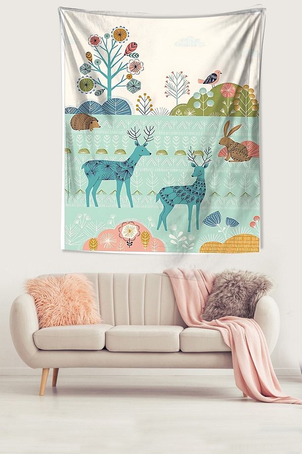 Ormandaki Geyik Tavşan Çiçekler Leke Tutmaz Kumaş Duvar Örtüsü Duvar Halısı Tapestry - 1