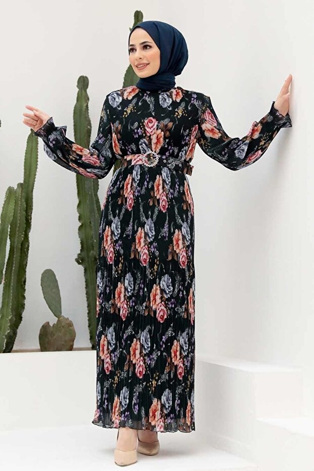 - Floral Patterned Black Hijab Dress 2894s