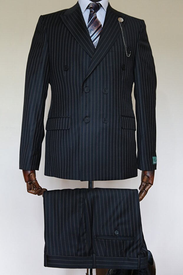 Blue Brown Striped Navy Blue Double Breasted Suit (NECK Tie - COLLAR DECORATION GIFT)