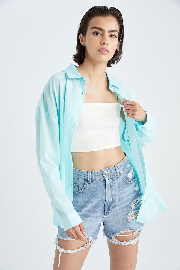 Oversize Fit Vual Uzun Kollu %100 Pamuk Gömlek - 8