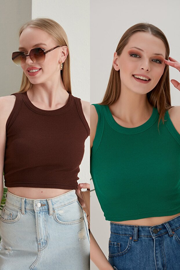 2-Piece Fitted Wide Piping Halter Neck Ribbed Flexible Knitted Crop Blouse Set