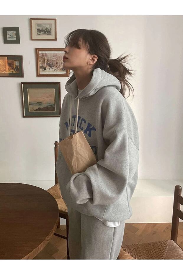 Natick High School Kombin Alt Üst Eşofman Takımı - Gri Baskılı Oversize Lastik Paça Kapüşonlu - 5