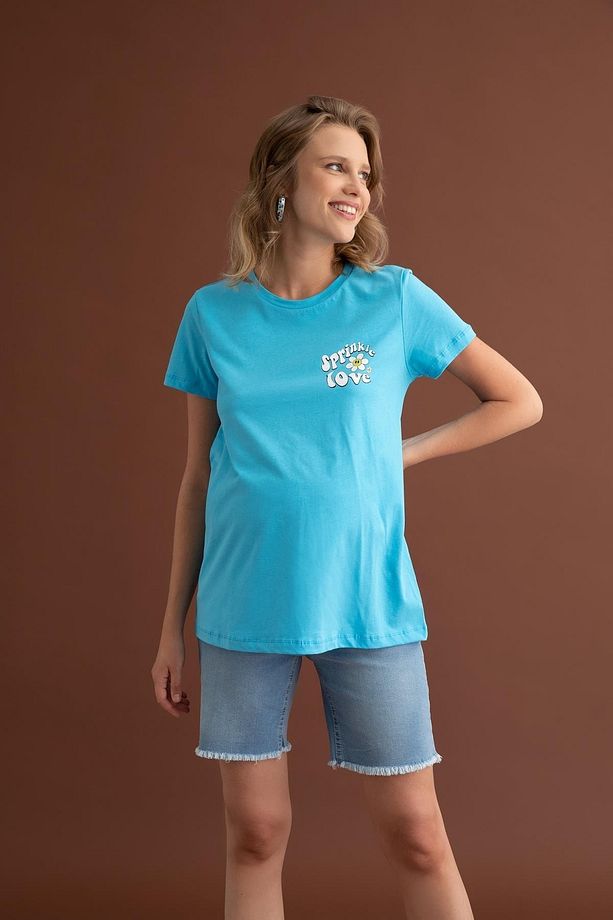 Regular Fit Slogan Baskılı Kısa Kollu Hamile %100 Pamuk Tişört - 1