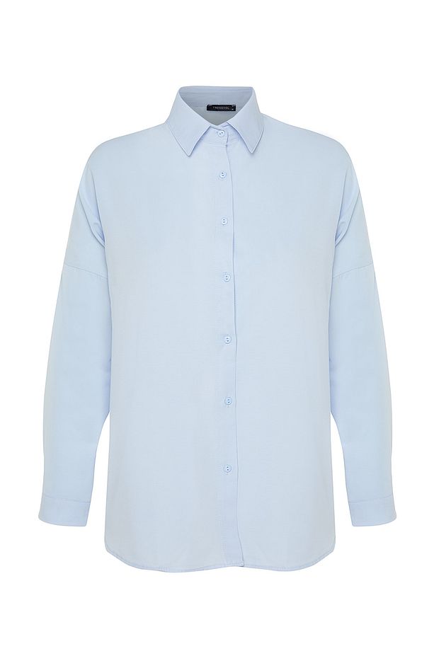Açık Mavi Pamuklu Oversize Geniş Kalıp Dokuma Gömlek TWOSS22GO0669 - 6