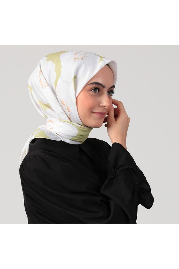 Pamuk İpek Eşarp - Manolya Desen - Lime - 3