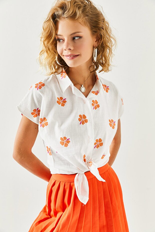Women's Daisy Orange Patterned Linen Bat Shirt GML-19001129
