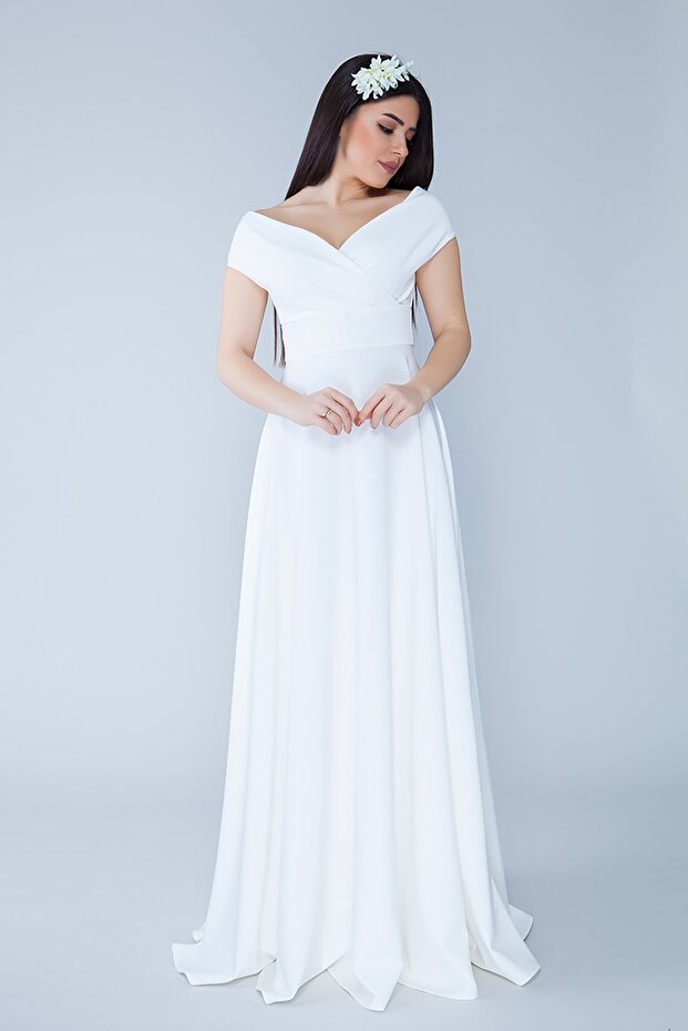 White Boat Neck Double Breasted Woven Draped Fabric Maxi Length Evening Dress