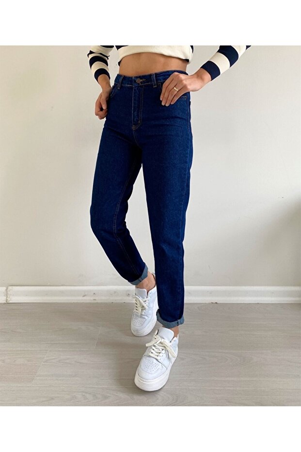 Dark Blue Lycra Mom Fit Zippered Jean Trousers